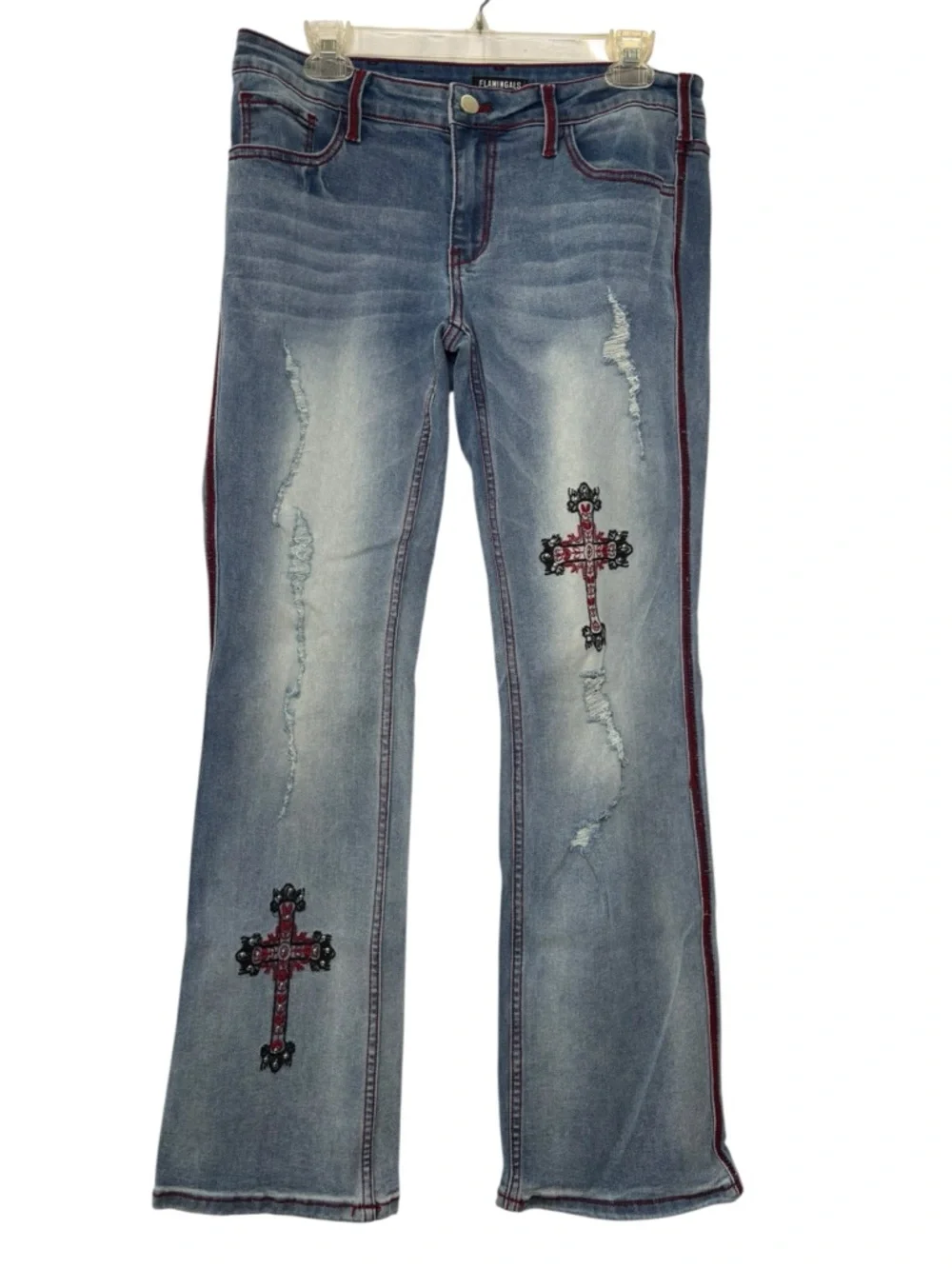 Flamingals Embroidered Red Crosses Distressed Blue Women's L 32x30 Flare Jeans - Picture 2 of 7